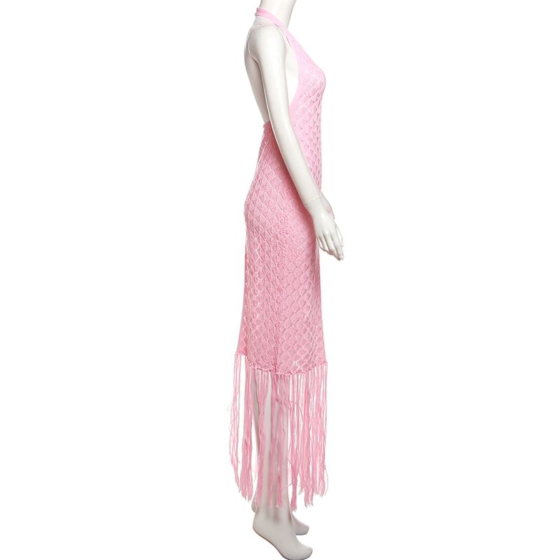 Weaveal - Halter Effen Fringe Brei Maxi Schede Jurk