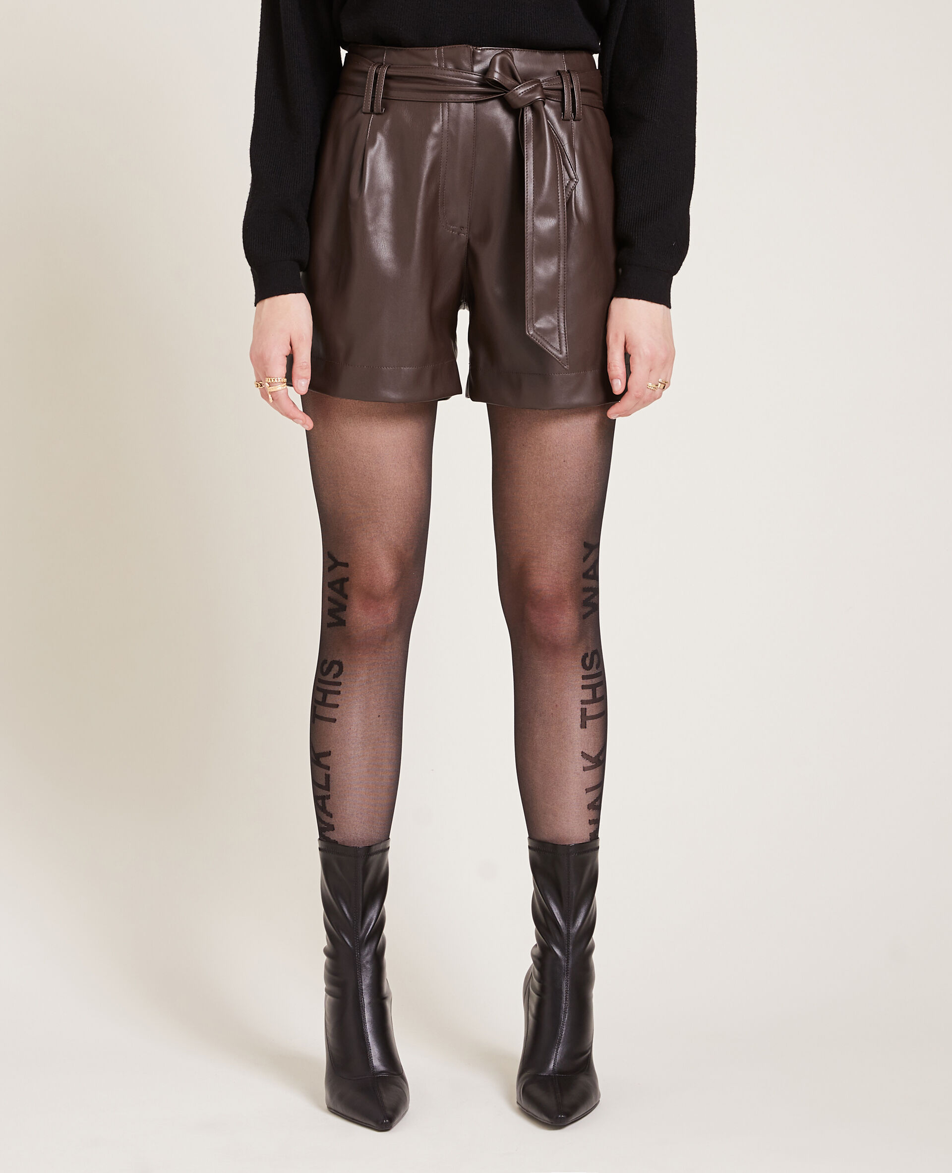 Short taille haute en simili cuir - Marron