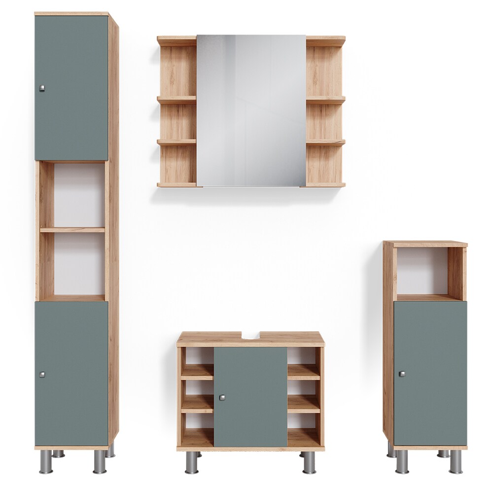 Vicco Badmöbelset Spiegelschrank Hochschrank Midischrank Fynn Eiche Grün