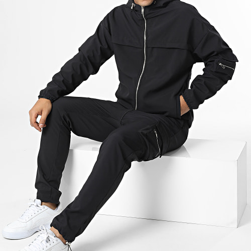 Ensemble Sweat Zippé Capuche Et Pantalon Cargo LL715 Noir