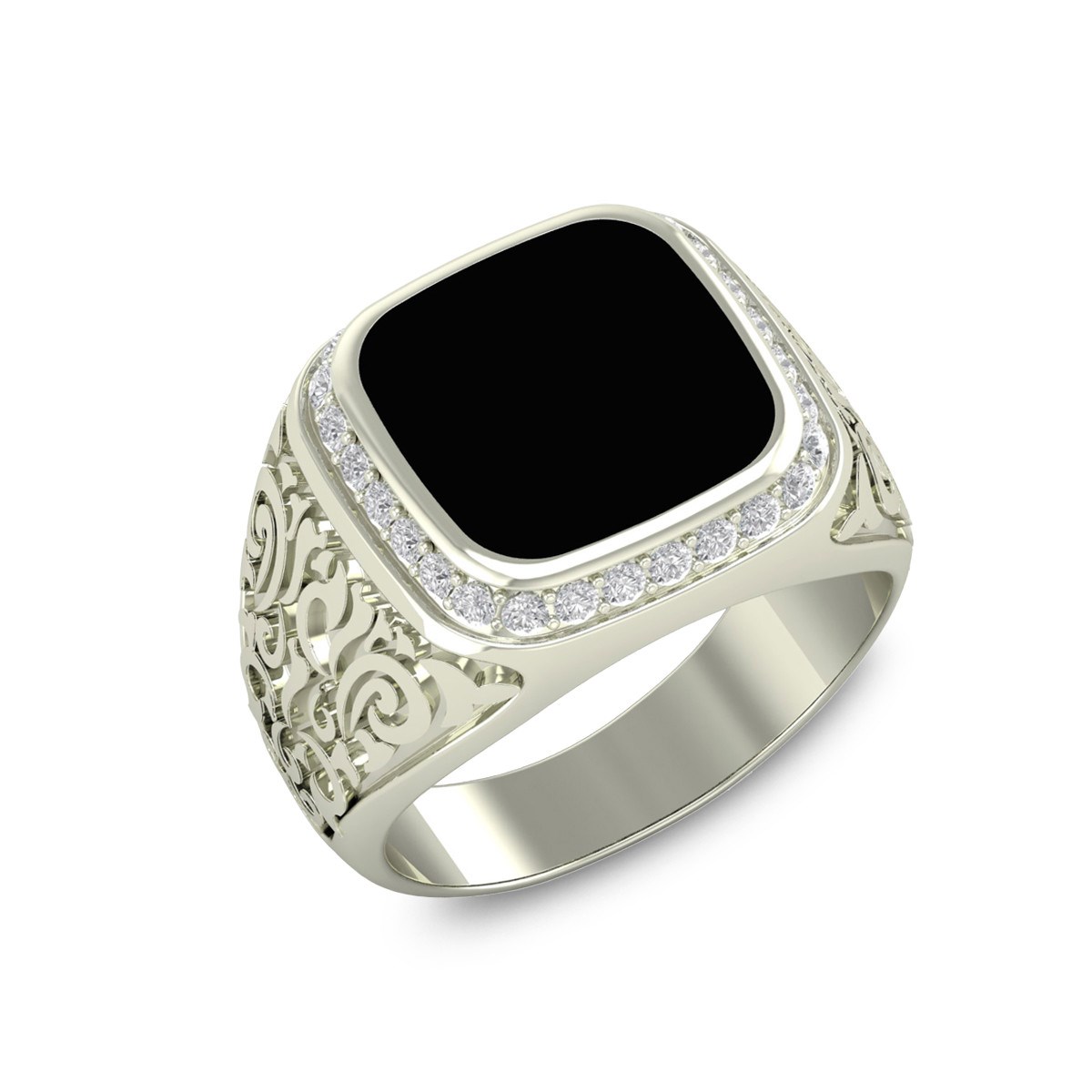 Cadeau Anniversaire : Bague Homme en Or Blanc, Onyx et Diamants 10.08grs | Aden
