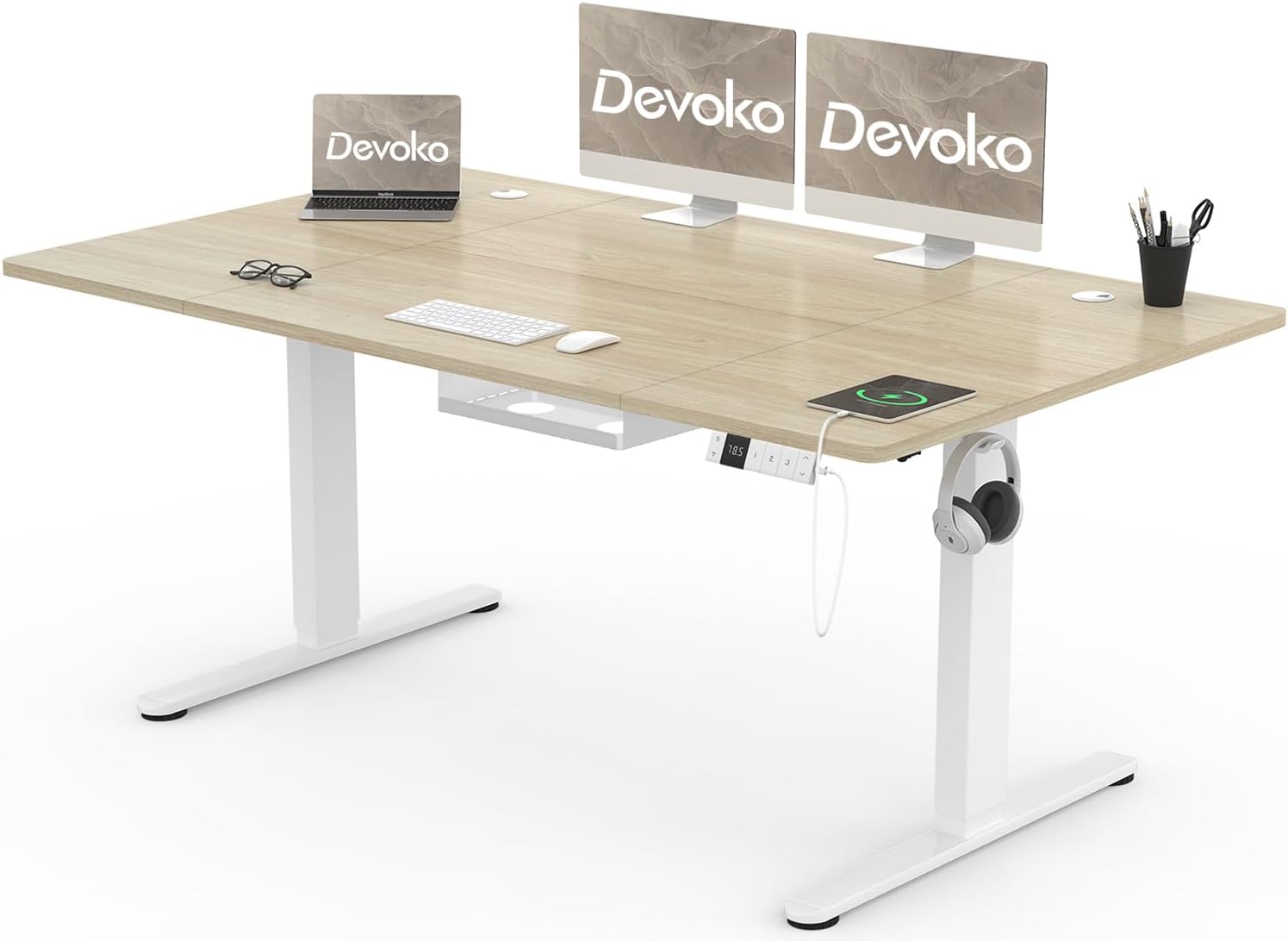 Devoko Höhenverstellbarer Schreibtisch 160x80cm mit Typ-C Ladeanschluss, Schreibtisch Höhenverstellbar Elektrisch, Mobiler Elektrisch Computertisch mit Kabel Management Tray, Eiche