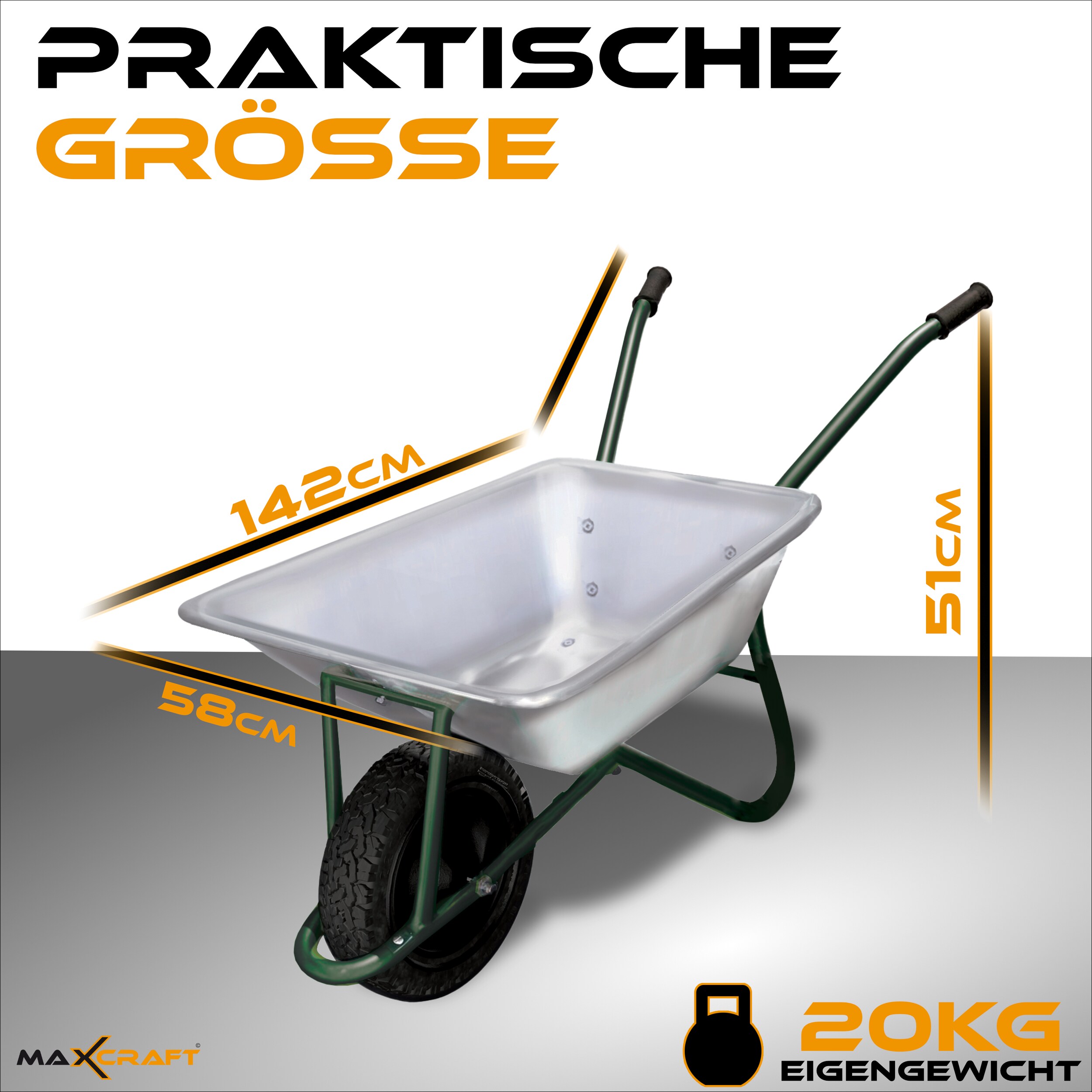 MAXCRAFT Schubkarre / Bauschubkarre Luftbereifung 250 kg 100 L - Grün