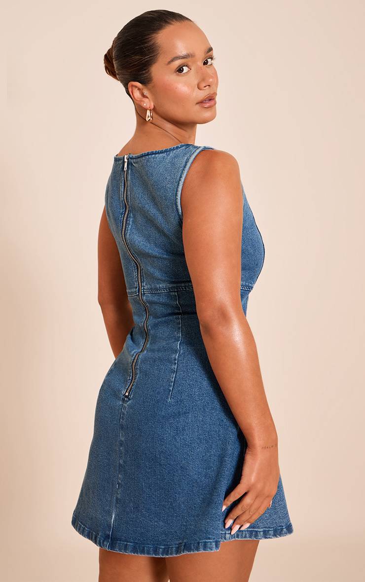 Bleu Foncé Robe Mini Évasée En Denim Stretch À Encolure Bateau Shape