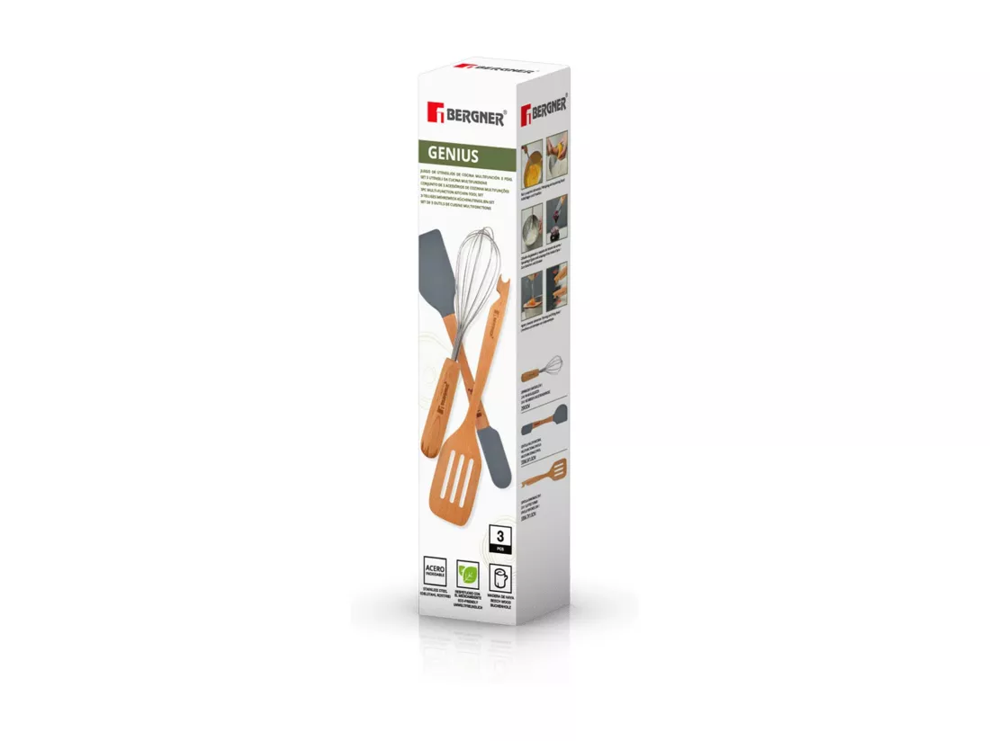 Lot de 3 ustensiles de cuisine multifonctions GENIUS 2 en 1 en bois et silicone Bergner.
