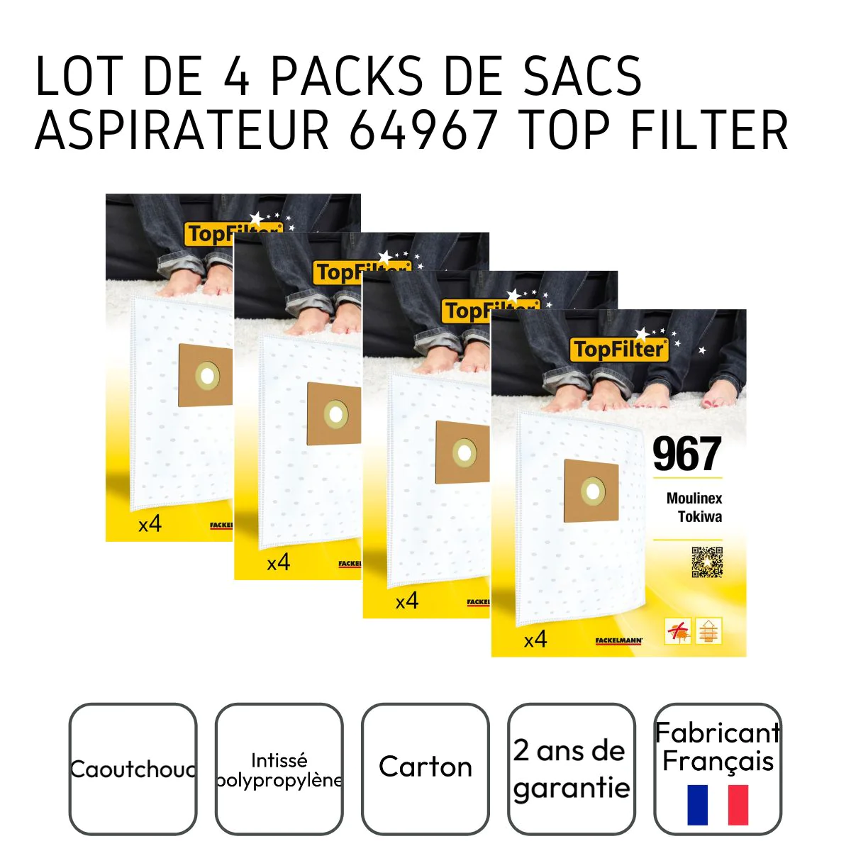 Lot de 4 packs de 4 sacs aspirateur 64967 pour Moulinex Premium TopFil