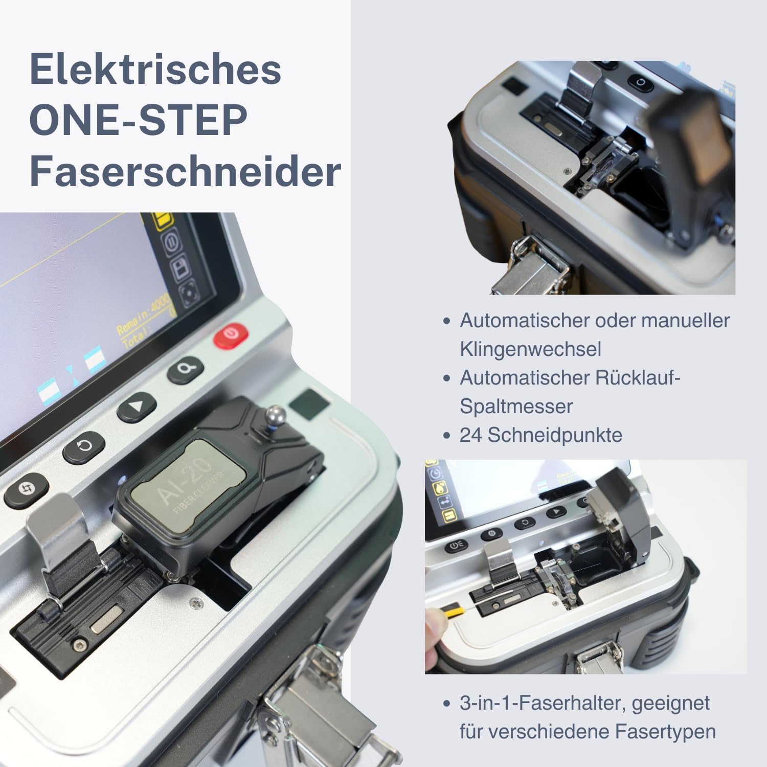AI-20 Fusion Splicer LWL Spleißgerät Kit mit neu entwickeltem elektrischem Faserschneider, Glasfaser Spleißgerät AI-20 Upgrade von AI-10A mit 6s Spleißen 15s Aufheizen OPM VFL 7800mAh Akku