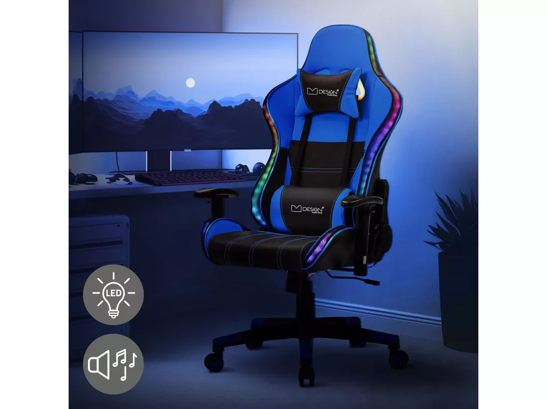LED Gaming Chair Chaise de bureau Chaise pivotante Réglable Bluetoothboxes ML-Design