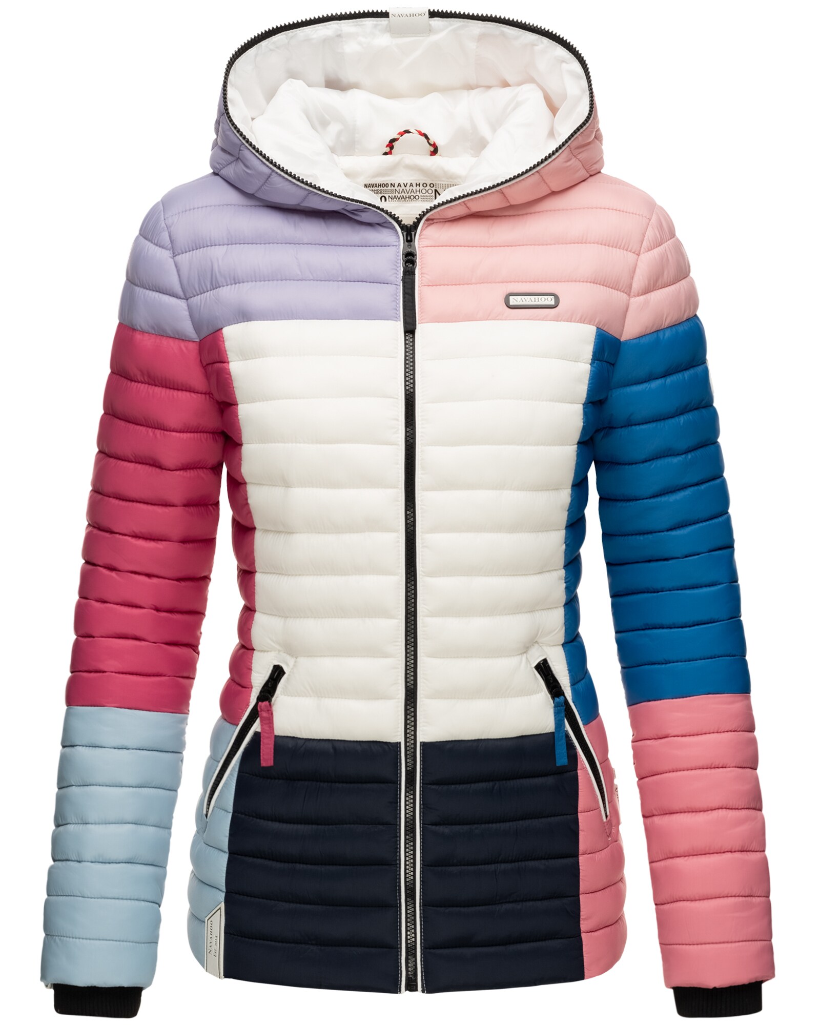 NAVAHOO Damen Stylische Steppjacke Colorblocking Übergangsjacke mit Kapuze Multikulti