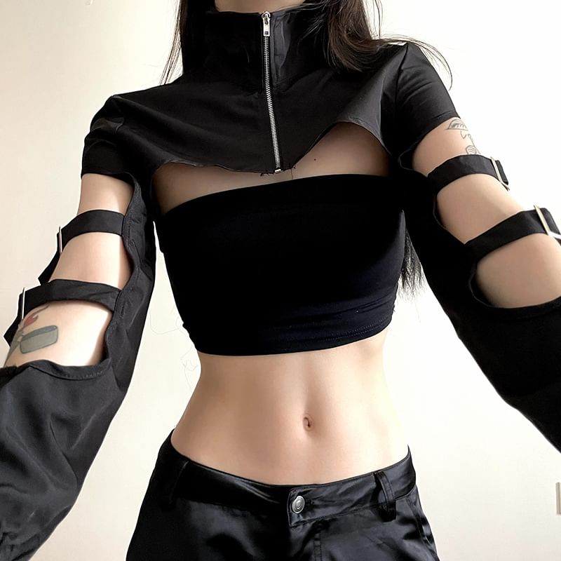 PolkaBella - Crop top met lange mouwen, gespen, hoge hals en halve rits