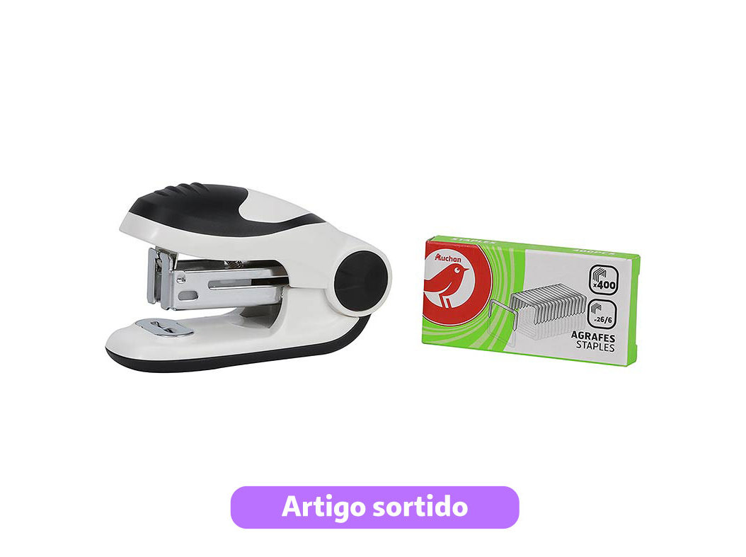 CONJUNTO DE MINI AGRAFADOR 24/6-26/6 AUCHAN E CAIXA COM 400 AGRAFOS CORES SORTIDAS