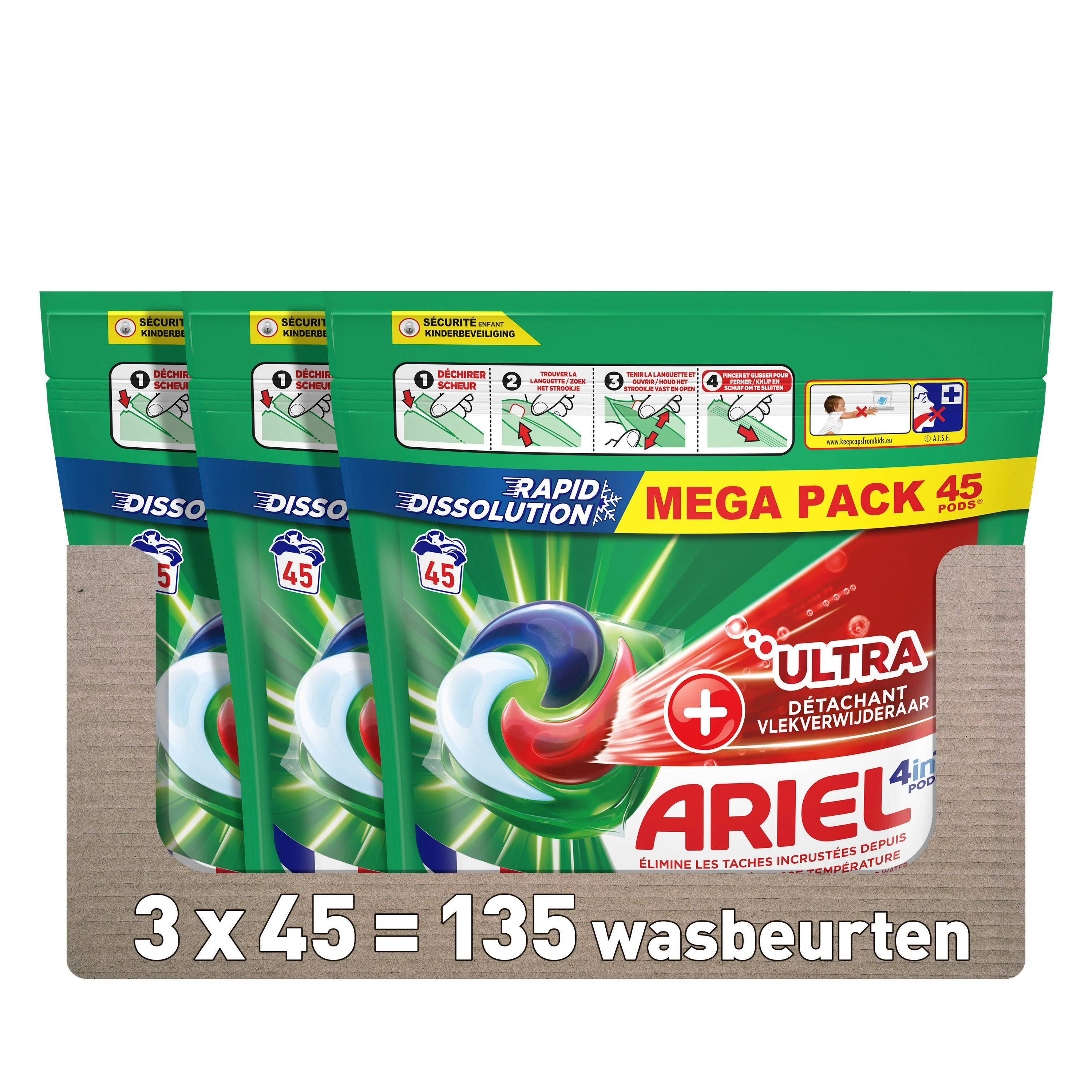 Ariel 4in1 PODS Wasgoed Capsules +Ultra Vlekverwijderaar - 3 x 45 wasbeurten - 135 wasbeurten