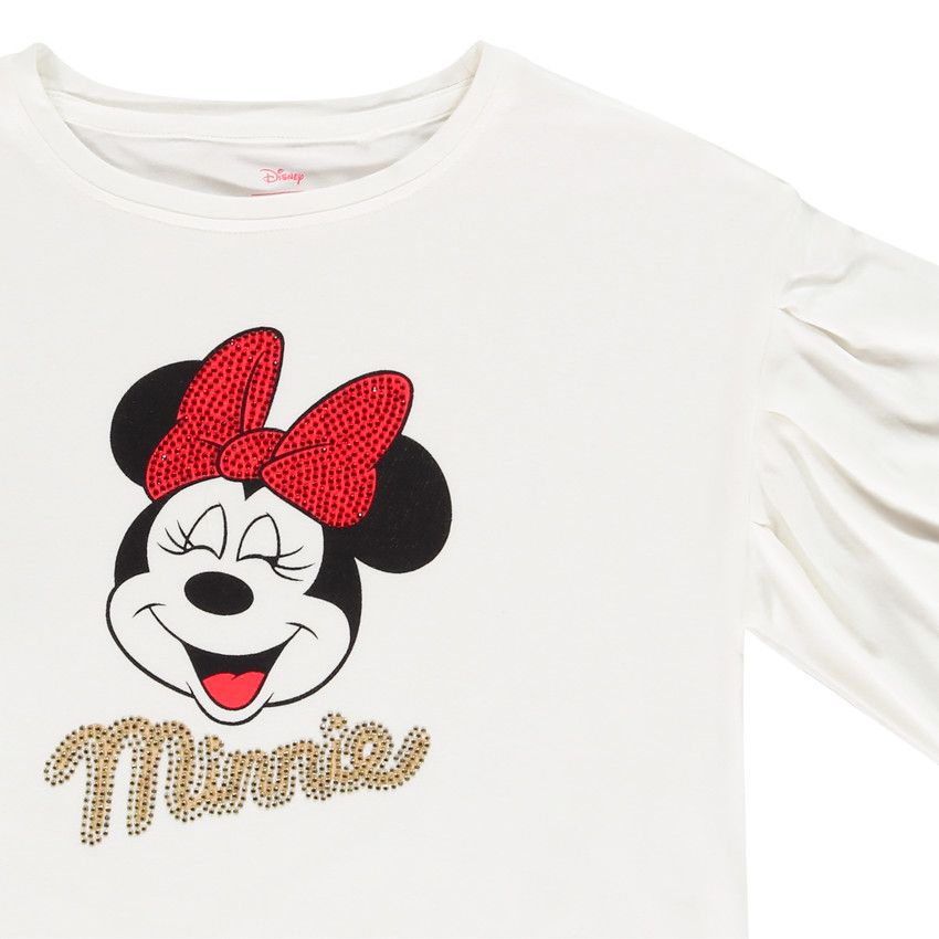 T-shirt manches longues print Minnie Disney à strass pour fille - Ecru