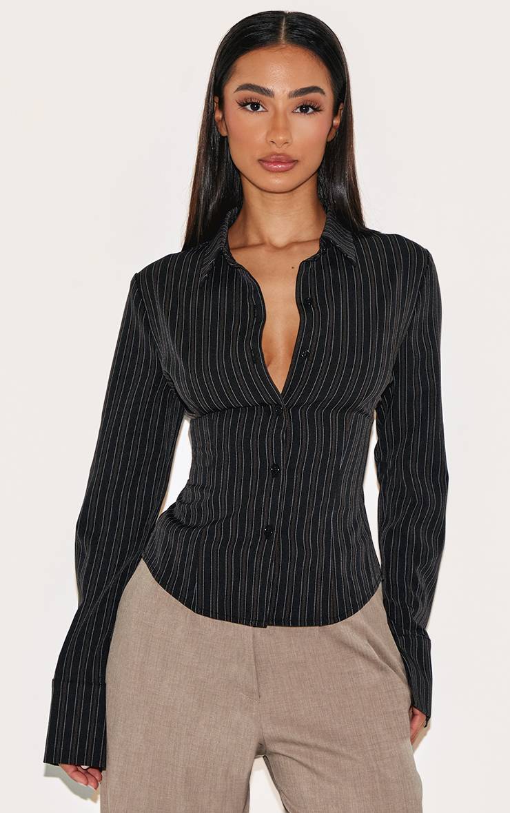 Noir Chemise Ajustée Petite À Rayures Et Manches Longues