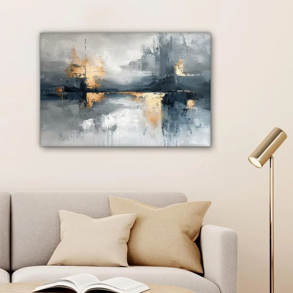 MuchoWow Canvas Schilderij 90x60cm Kunst Grijs Goud Abstract