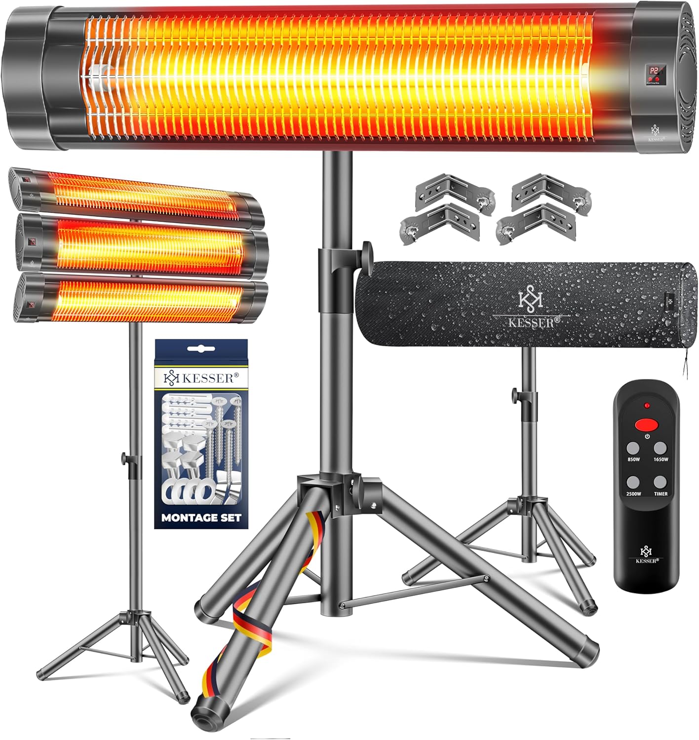 KESSER® Infrarotstrahler Heizstrahler Terrassenstrahler 2500W mit Fernbedienung inkl. Schutzhülle höhenverstellbarem Teleskopstativ Wickeltischstrahler Terrassenheizer Quarzstrahler Infrarot