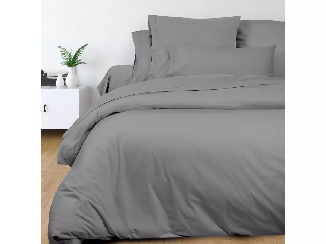 Drap plat en coton percale 180x290 cm CAMILLE gris, par songe de camille