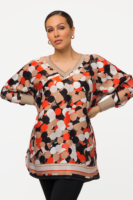 Tunika, Punkte, Satin, Oversized, V-Ausschnitt, 3/4-Arm