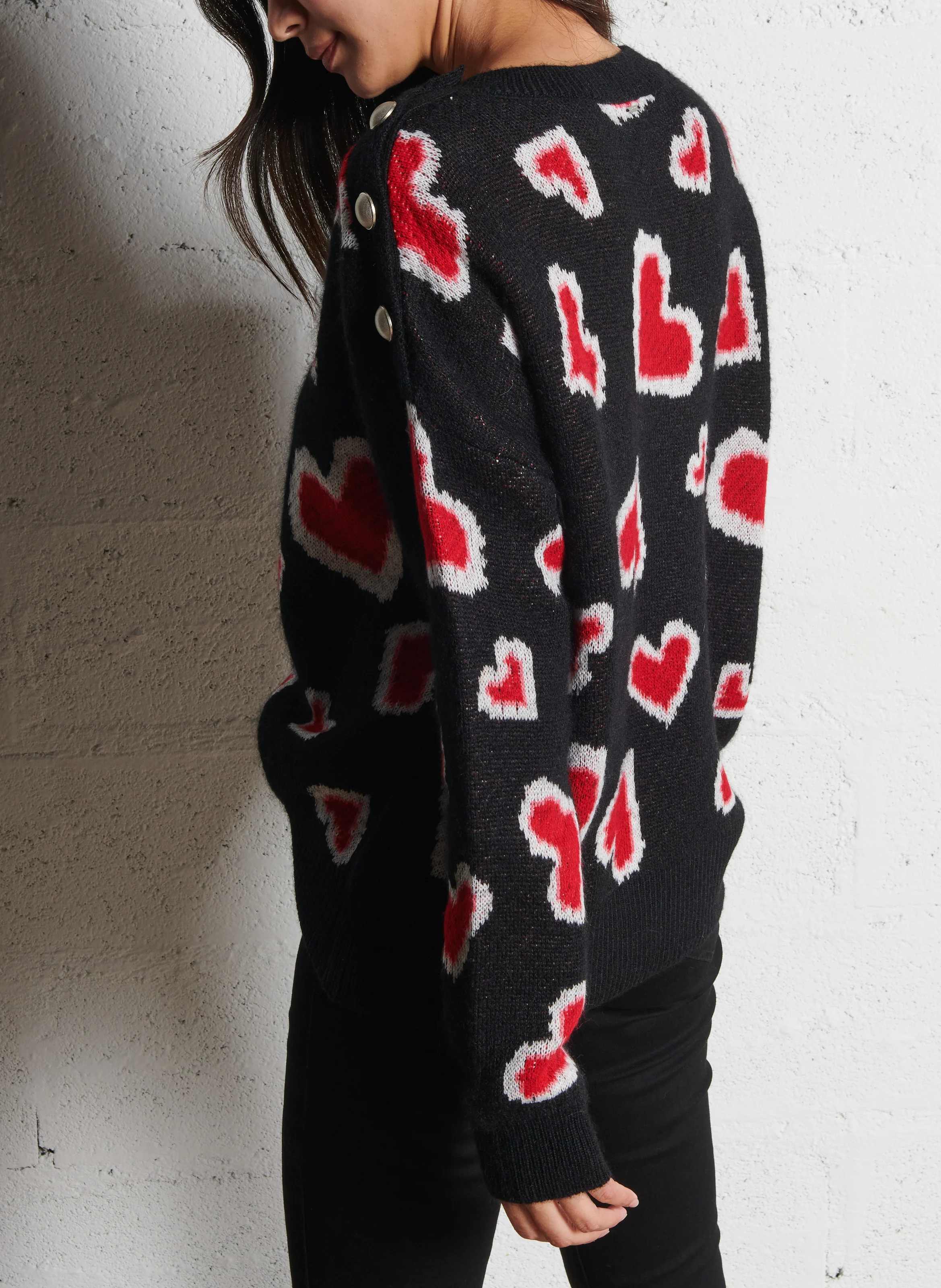 Pull ample col rond jacquard en laine mélangée | Noir
