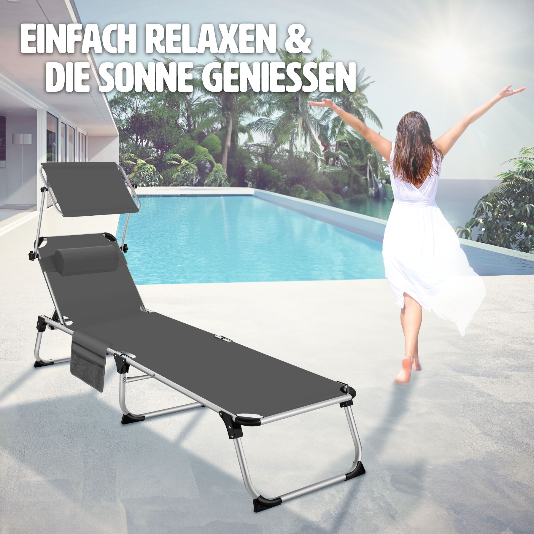 tectake® Sonnenliege, klappbar, mit Kopfkissen, 6-fach verstellbare Rückenlehne, 218 x 60 x 33,5 cm, inkl. Seitentasche