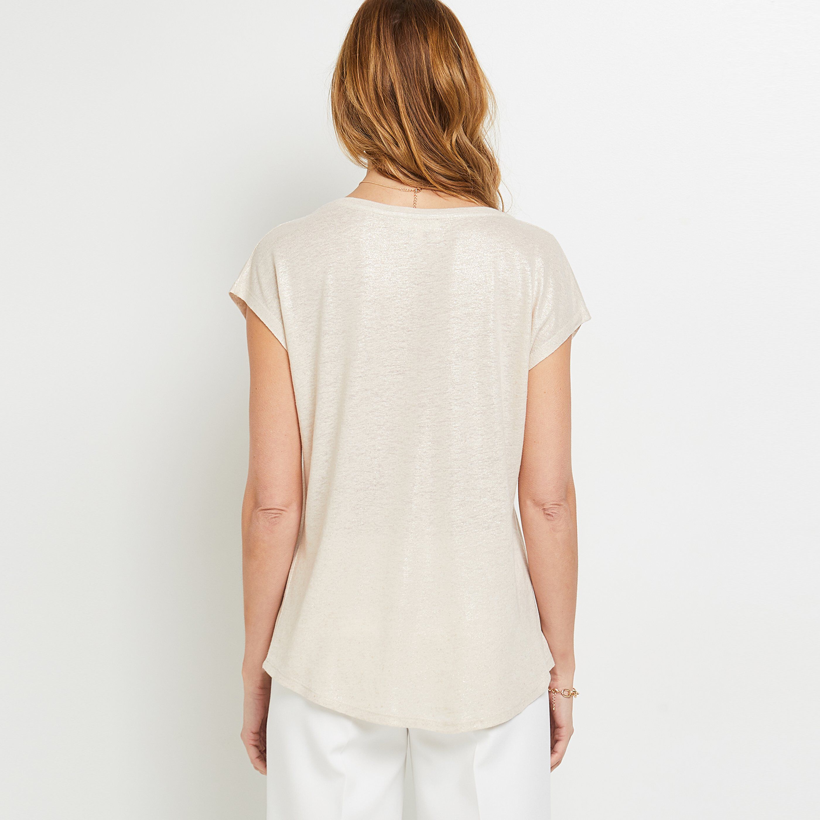 Tshirt uni en lin mélangé femme - BEIGE