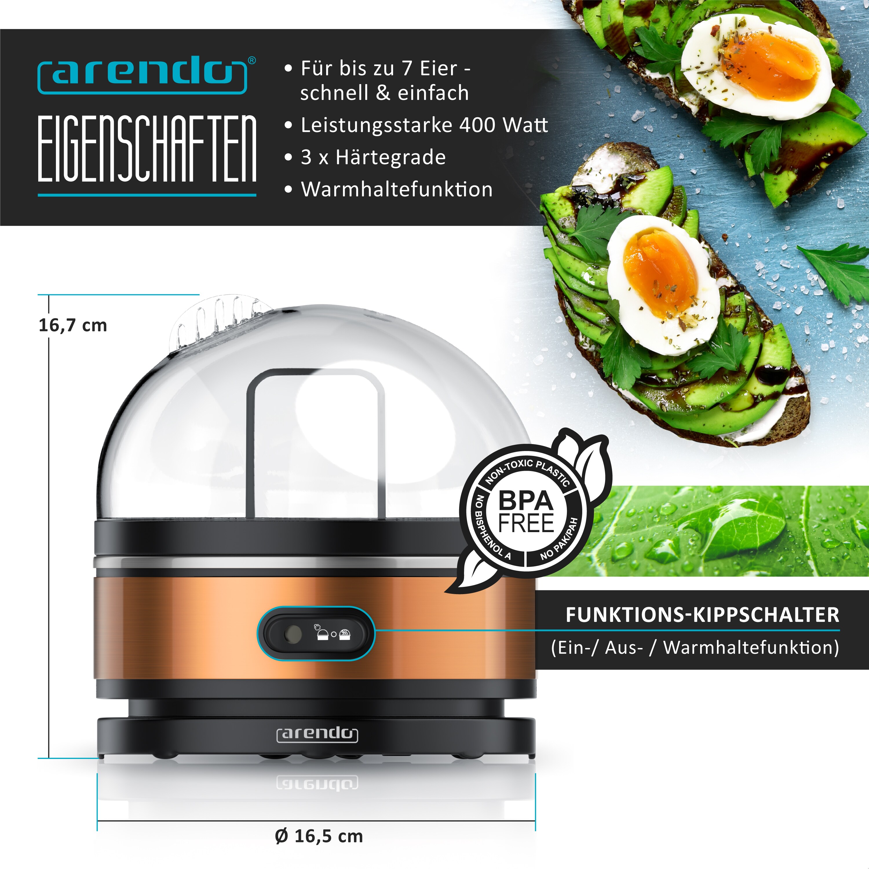 Arendo Eierkocher für 7 Eier, Edelstahl, 400 Watt, Kipp-Funktionsschalter, 3 Härtegrade wählbar, Warmhaltefunktion, Signalton - BPA-frei, Sevencook