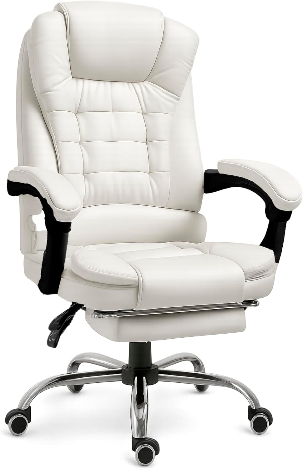 RMF Ergonomischer Professioneller Bürostuhl, Neigbar Bequemer und Entspannender Schreibtischstuhl mit Fußstütze – Relaxsessel mit drehbaren Rollen, Höhenverstellbar, Weiß