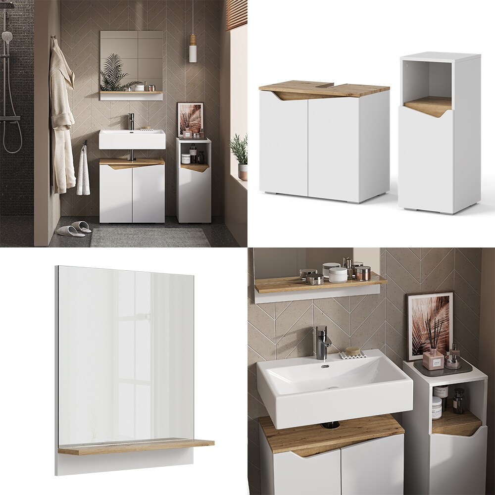 Vicco Badmöbel-Set Marelle Weiß Artisan moderne Serie Badezimmer dekorative Front Waschtischunterschrank Badspiegel Midischrank
