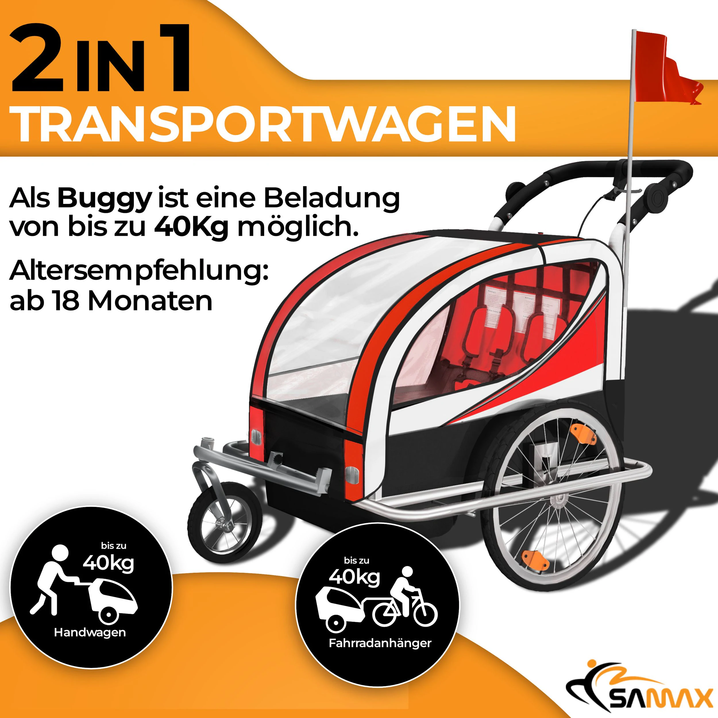 SAMAX 360° drehbarer Fahrradanhänger 2in1 Jogger - in Rot - Silver Frame