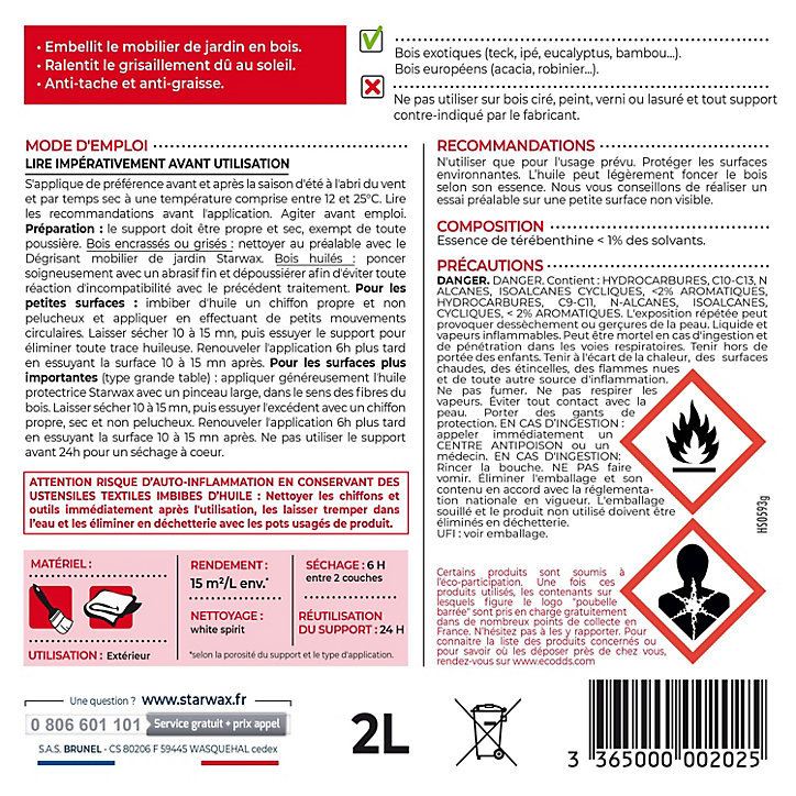 Huile extérieure protectrice mobilier de jardin 2L