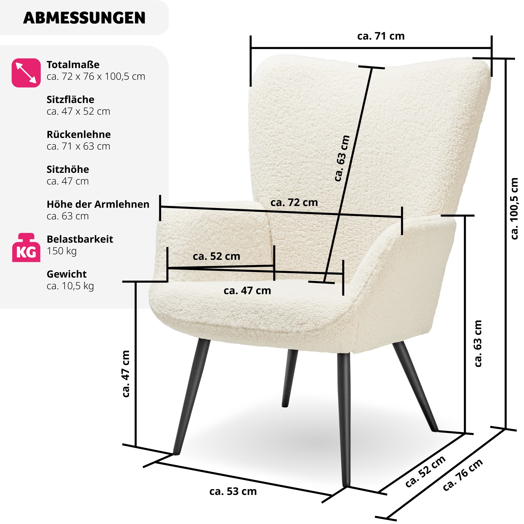 tectake® Sessel, gepolstert, runde Stahlbeine, 72 x 76 x 100,5 cm