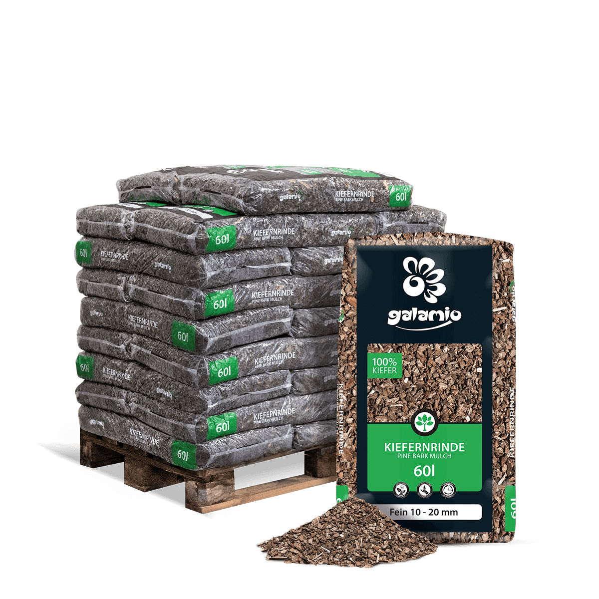Galamio dennenschorsmulch, fijn, 60l x 26 zakken, 1560l pallet