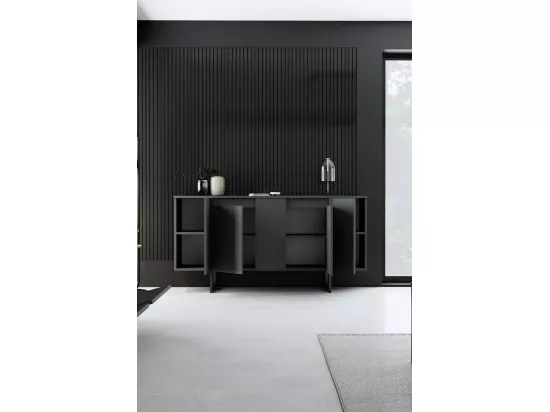 Buffet Betel, Buffet du salon, Commode de salon, Garde-manger de cuisine, 160x35h80 cm, Anthracite et Noir