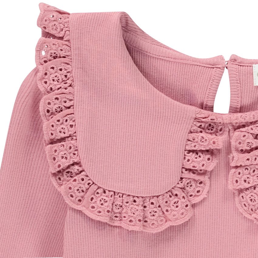 T-shirt manches longues côtelé à col brodé pour fille - Multicolore