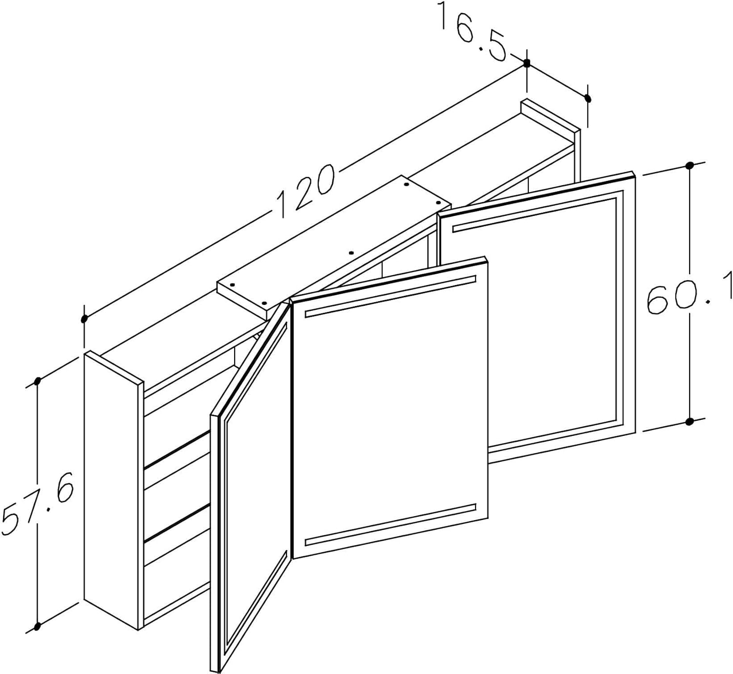 Premium Spiegelschrank-Bad-mit-Beleuchtung 120cm. Einfache Montage, in der EU gefertigt, gleichmäßige helle LED-Beleuchtung, Scharniere schwarz, Steckdose, Unterputz Montage möglich.