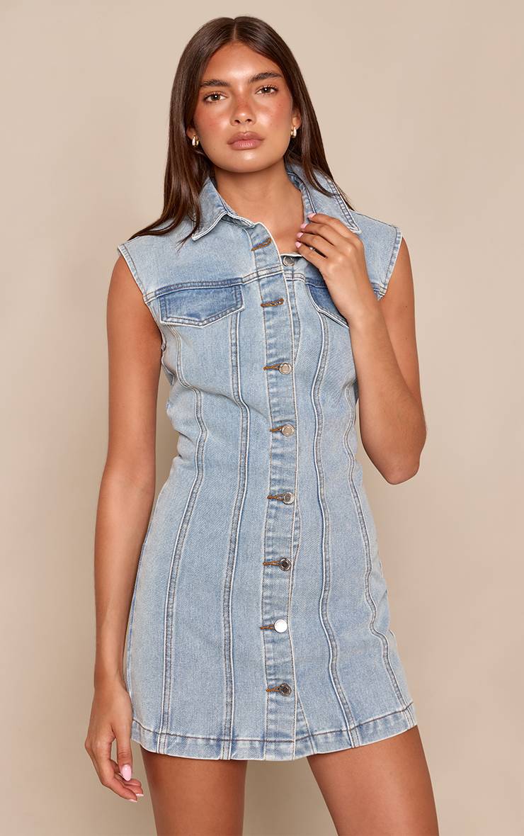 Bleu Clair Robe Chemise En Denim À Épaules Structurées