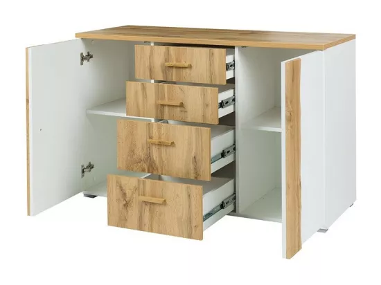 Chambre WOOD coloris chêne et blanc avec lit coffre LED, commode, chevets et armoire
