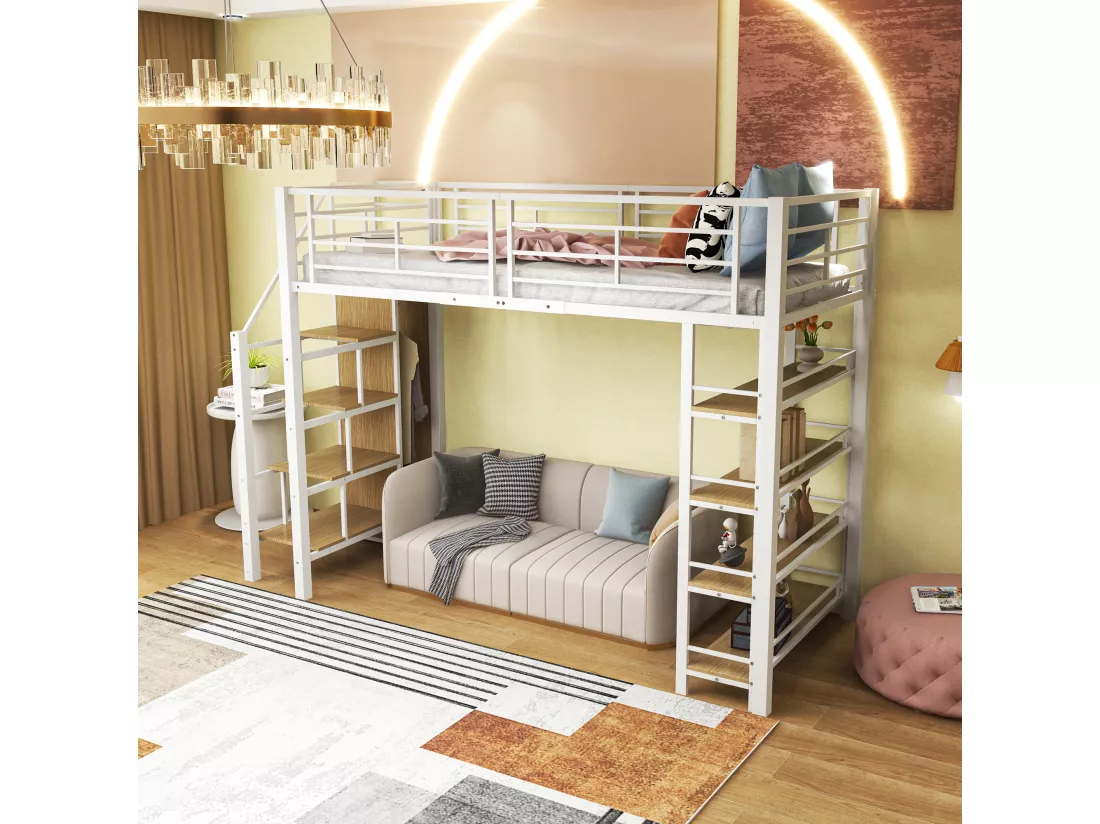 Lit mezzanine 90x200 cm - avec petite armoire et étagères de rangement - Blanc