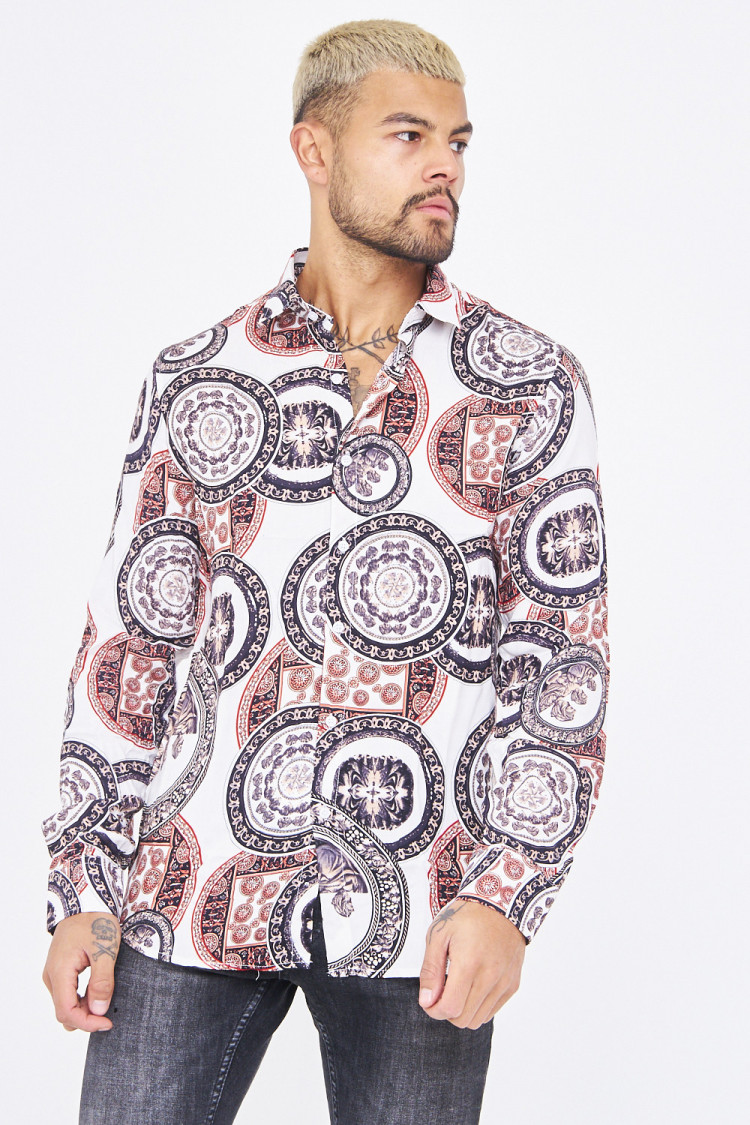 Chemise blanche à motifs grecs orange-violet-beige