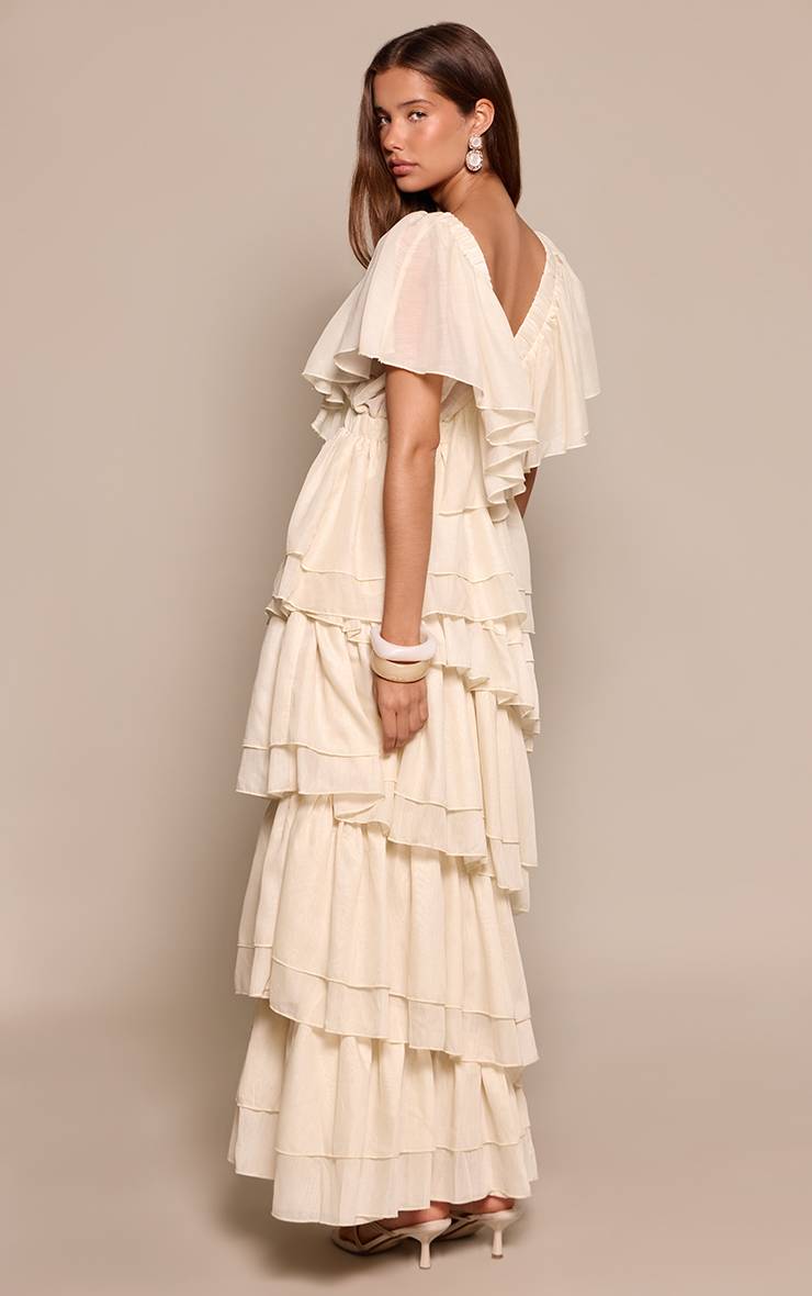 Crème Robe Maxi À Col V Plongeant Et Volants Étagés Extrêmes