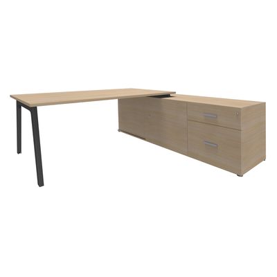 Bureau STEELY Manager - L180 x P100 x H72,5 cm - console retour à droite (2 tiroirs) L200 x P60 x H72,5 cm - pieds carbone - plateau imitation chêne clair