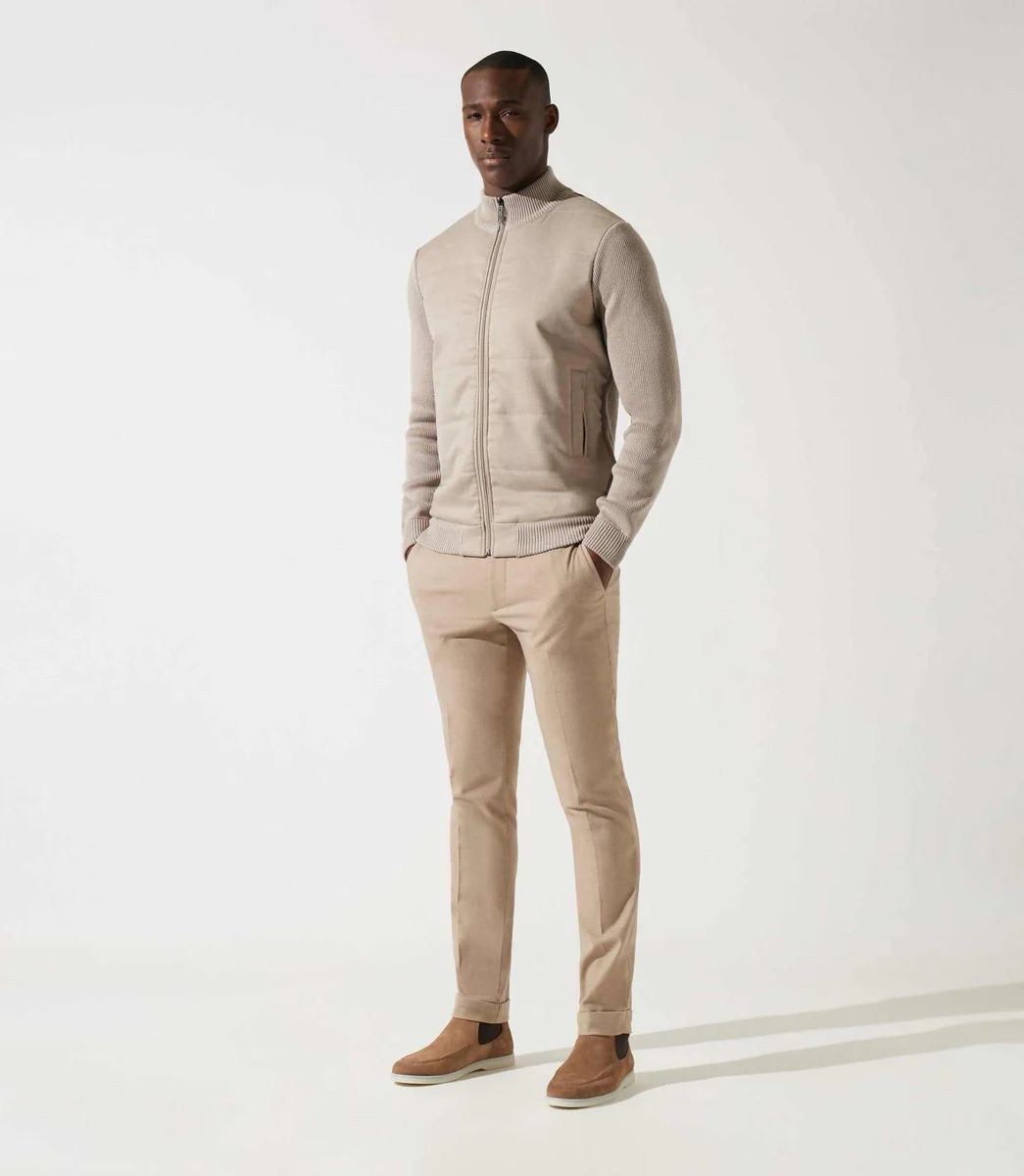 Gilet zippé col rond mix matière beige
