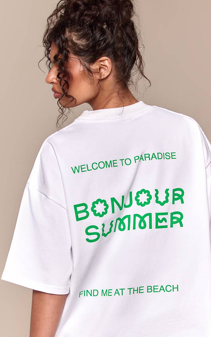 Blanc T-shirt Oversize En Coton Épais Avec Graphisme Bonjour