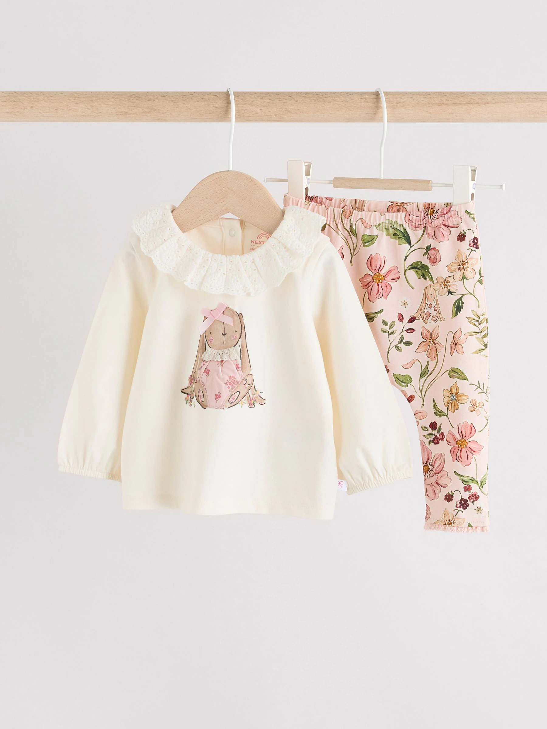 Wit/roze/konijn/bloemenprint - Set met lange mouwen en legging voor baby's (0mnd-2jr)