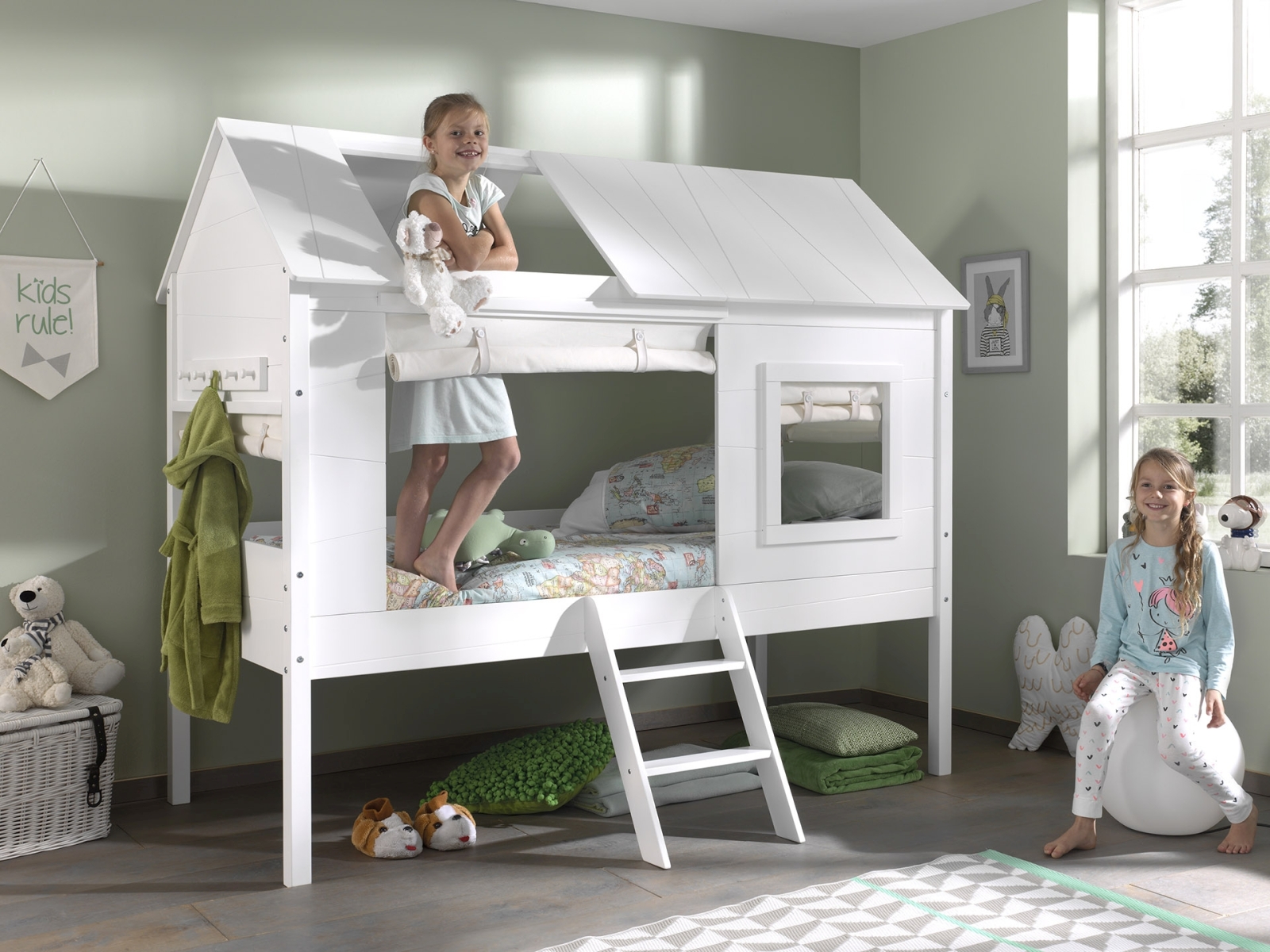 Baumhaus-Bett CHARLOTTE - weiß - mit Lattenrost & Vorhang-Set - 90x200 cm