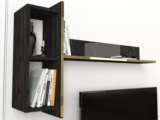 Ensemble TV avec rangements - Effet marbre noir, naturel foncé et doré - CADEBA II