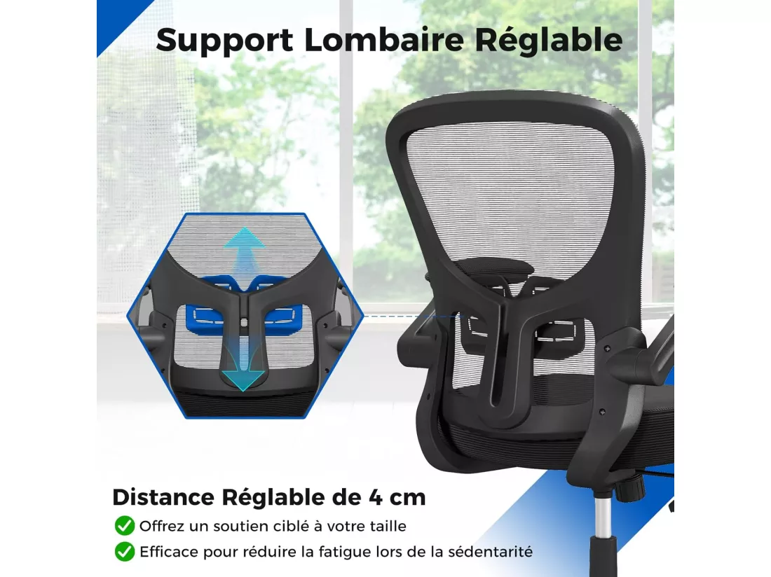 Chaise de Bureau Ergonomique, Chaise Pivotante avec Accoudoirs Escamotables, Soutien Lombaire Réglable et Dossier Basculant de 90° à 120°, pour Bureau, Chambre, Noir