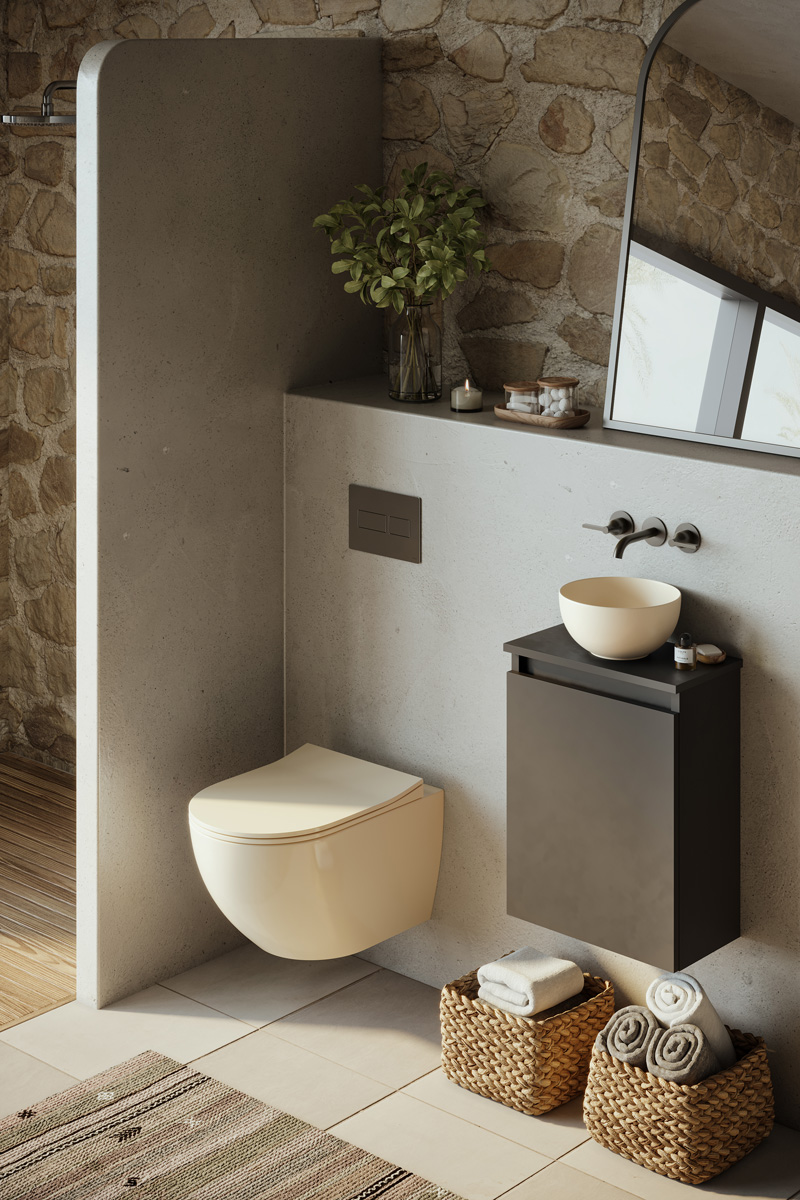 Fontana Bano toiletmeubel mat zwart 40x22cm met waskom in licht ivoor
