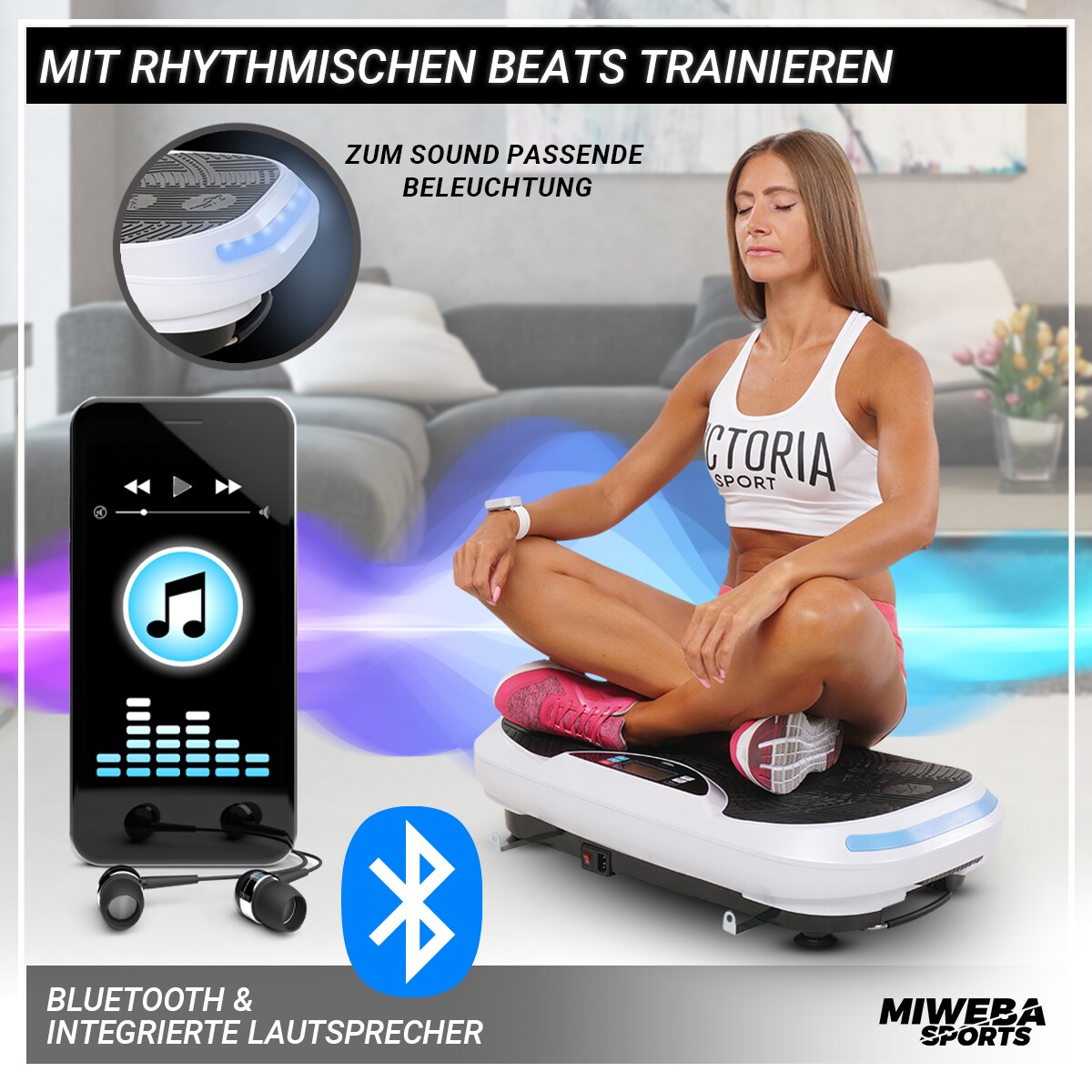 Miweba Sports Vibrationsplatte MV300, 4D-Wave-Vibration, Fernbedienung, Bluetooth, 16 Stufen, LED (Weiß)