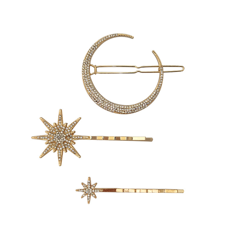 (3-tlg. Set) Haarspangen Metall Klammern Clips Haarschmuck Mond   Sterne - Gold